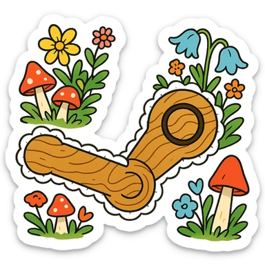 playful cottagecore Steam logo: logo made of puffy wood and lace, cartoonish wildflowers and mushrooms, bright cheerful, no text sticker