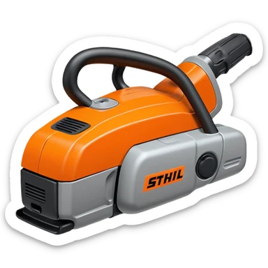 Motorsäge vom STIHL mit grauem Gehäuse, orangenem Deckel und schwarzen Griffen sticker