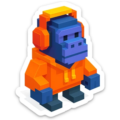 voxel style gorilla with headphones, wearing a hoodie, isometric view sticker