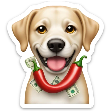 Dog with chili pepper necklace and cash in his mouth and money bags for eyes  sticker