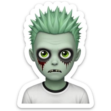 zombie boy with spiky black emo hair, pale green skin, white shirt sticker