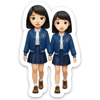 hair : black long hair with fringe 
skin : light 
cloth : deep brown varsity jacket + navy long long school girl skirt 
motion : walking 


 sticker