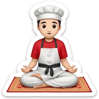 man with panda express hat and apron with red t shirt under praying on muslim prayer mat sticker