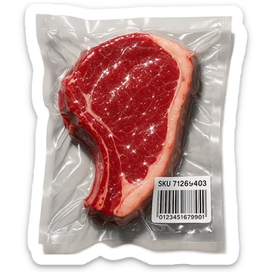 steak with sparkling highlights, glossy and inflated, vacuum-sealed style sticker