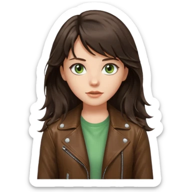 Beautiful girl, dark brown hair, wavy hair, long hair, light green eyes, brown leather jacket, white t-shirt, hair parted in the middle, bangs curtain, forehead open  sticker