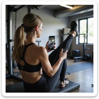 woman in leggings and sports bra in gym, doing calf raise on step, recording video check with smartphone for coach, gym with mat and weights, natural light, hyperrealistic details, 4K sticker