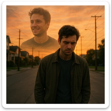 A man walking alone on a quiet street at sunset, introspective expression, with a faint double exposure of a happier version of himself in the background, symbolizing a 'what if' after a life-changing diagnosis. Cinematic, emotional realism, symbolic duality, soft light, hyperrealistic 4K. sticker