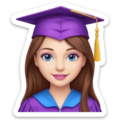 girl with gorgeous long brown hair, blue eyes, long lashes makeup, sexy pink lips, wearing a purple graduation cap and gown sticker