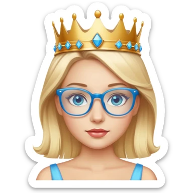 beautiful princess with blonde hair, bright blue eyes, wearing stylish glasses and a crown sticker