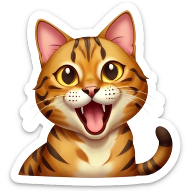 Cinematic Comical Bengal Cat Portrait Emoji, Head tilted dramatically while yawning exaggeratedly, sleek spotted brown and gold fur, Simplified yet hilariously adorable features, highly detailed, glowing with an almost sarcastic glow, high shine, a mix of lazy and curious, stylized with a touch of playful whimsy, bright and alert but with a comical expression, soft glowing outline, capturing the essence of a mischievous yet overly dramatic kitten, so meme-worthy it feels like it could leap off the screen and sarcastically demand attention, perfect for the internet's next viral meme! sticker