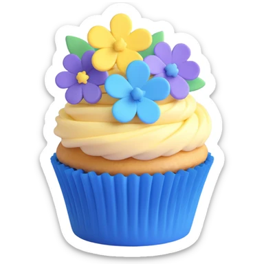 Turn this cupcake with blue flowers into an iOS 3D emoji style, with realistic 3D shading and smooth, rounded shapes, keeping the blue and purple color palette. sticker