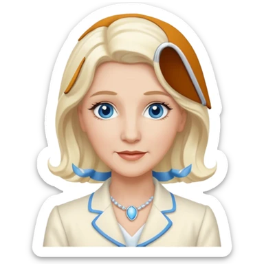 Patty Andrews from the Andrews Sisters with long platinum blonde hair, blue eyes, ivory outfit sticker