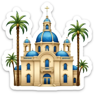 California Building with ornate blue, gold, and green tile dome and adjoining slender California Tower, Spanish Colonial Revival style, baroque details, palm trees, simple, no text, white background, version 5 sticker