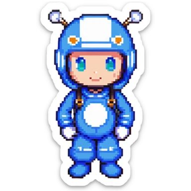Classic bomberman character, blue and white colors, round helmet with antenna, cute pixel art style sticker