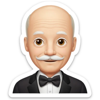 emoji of a gentleman in his 70s, bald with white mustache, wearing a bow tie, gentle expression sticker