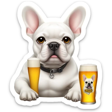 White French bulldog with black eye holding a beer sticker
