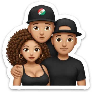 A picture of a tanned couple embracing. the guy is Mexican, with a bald hair cut and he has a SnapBack hat on. The girl is mixed, the girl is wearing a black shirt, the girl has brown curly big hair and the girl has big boobs  sticker