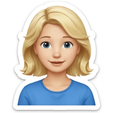 Happy blond girl with light weavy hair with a blue shirt but we can see only her face and neck and the top of the t shirt, no whole body sticker