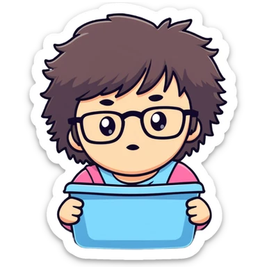 Girl with glasses with messy hair, making a cranky face, refusing to wash her hair sticker
