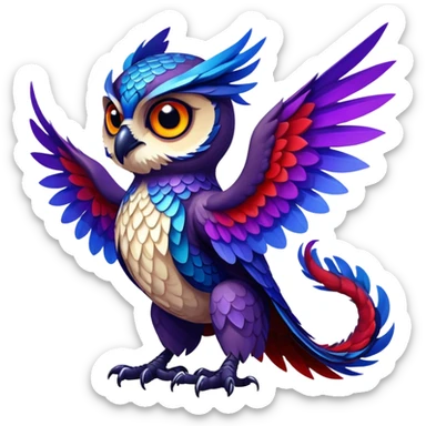 Owl dragon hybrid with wings dark purple and blue and red sticker