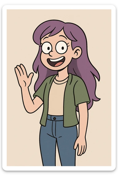 cheerful girl with long purple hair, casual outfit, smiling, modern cartoon style sticker