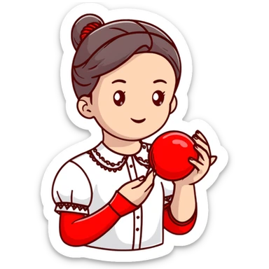 Ukrainian young girl in a white embroidered shirt holds a red ball of thread in her hand sticker