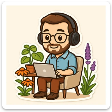 Create an emoji of a person working from home office in the garden, using a laptop and wearing headphones. The emoji should be simplified with clear contours and friendly colors, without any background. Style it as a chibi sticker emoji with a clean and approachable look. sticker
