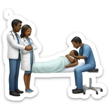 a woman gives birth and doctors stand nearby sticker