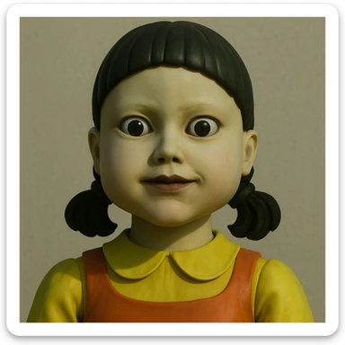 Red Light Green Light doll from Squid Game, close-up face, eerie expression, simple background sticker
