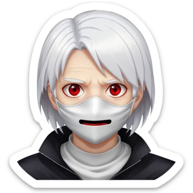 Tokyo ghoul aggressive facial expression, mask covering mouth, white hair, red eyes sticker