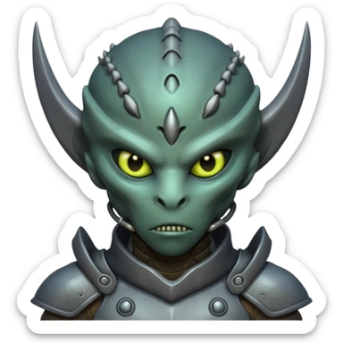 Portrait of a warrior alien with armored skin, glowing scars, sharp features, piercing eyes, and intense expression, front-facing sticker