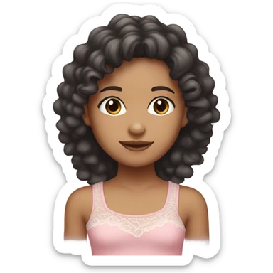 a girl emoji, mixed race, tan girl, dark grey almost black eye colour, long hair dark brown curls. Wearing a lace trim baby pink tank top with a small bow on shirt. sticker