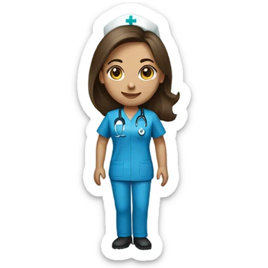 Nurse, woman, long brunette hair, blue scrubs no stethescope sticker