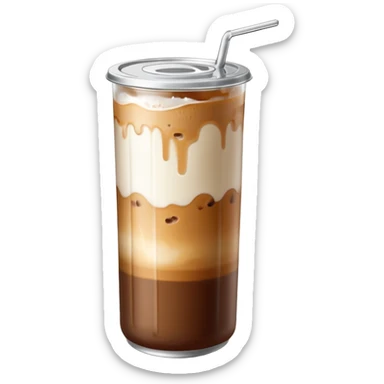 A tall transparent can of iced latte with a silver pull-tab lid. Brown coffee on top with ice, smooth white milk in the middle, and a light amber syrup layer at the bottom. “MAISON MOKA” written vertically in white on the can.

 sticker
