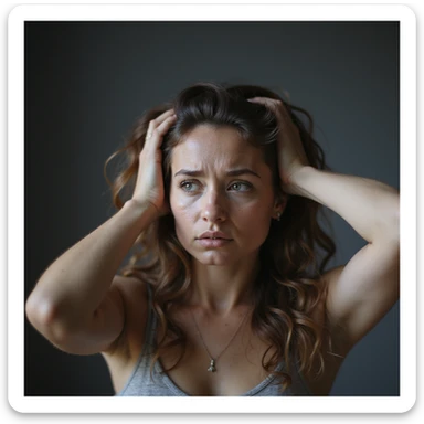 woman with hands in hair, stressed and nervous expression, hyperrealism 4K sticker