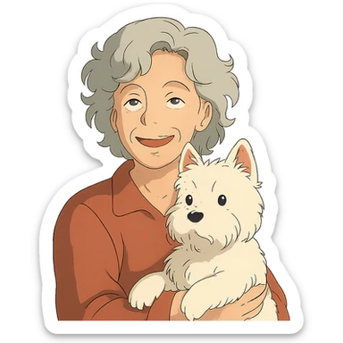 50-year-old woman with silver curly hair, smiling, with a Westie dog, ghibli style sticker
