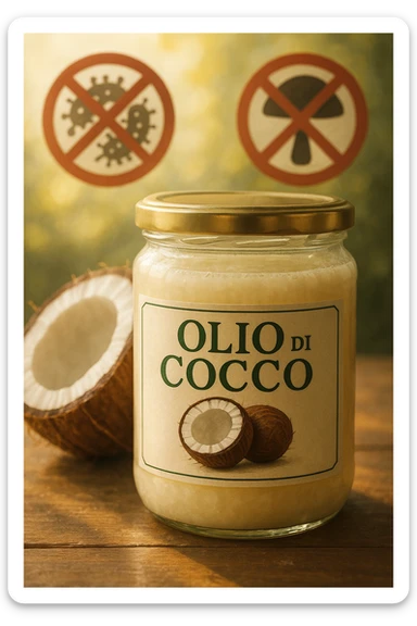 realistic and cinematic illustration of coconut oil in a jar with Italian label, visual symbols of protection against dysbiosis and fungi (stylized bacteria and fungi crossed out), bright atmosphere, vertical 2:3 aspect ratio, no other text. sticker