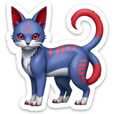 Dark-greyish-blue-grey-black, with red markings, white belly, scaley Bastet-Noibat-Gatomon-Digimon-Fakémon-Pokémon-creature (full body) sticker