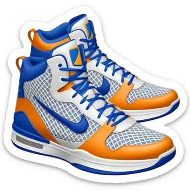 Cinematic Realistic image of a pair of basketball sneakers featuring detailed mesh and leather textures, vibrant color accents and dynamic design lines, illuminated by bold, high-energy arena lighting sticker