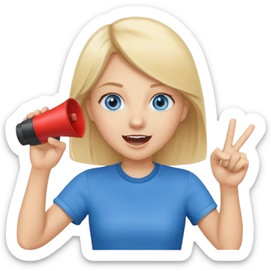 blue eyes blonde girl yelling into megaphone and holding up 1 finger in the other hand smiling sticker