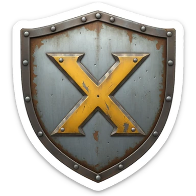 a battle worn steel shield with engraved text "XXX" (Three Xs), the text should be prominent and in the center of the shield sticker
