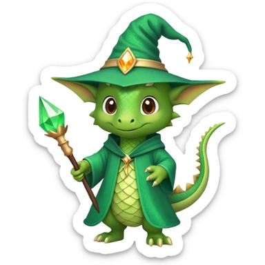 A cute dragon wearing a pointed wizard hat and robes, holding a magic wand sticker