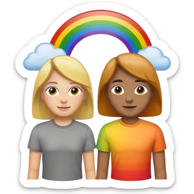 a group of 20 people with the same gray shirt on. and a rainbow behind him  sticker