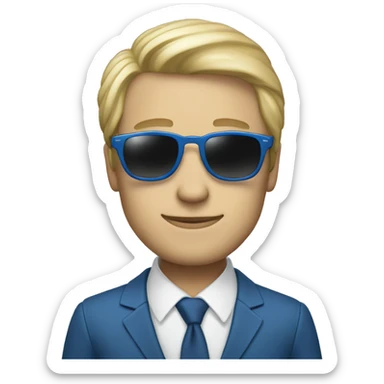 A man with sunglasses  a blue suit and a white skin color and peace vingers sticker