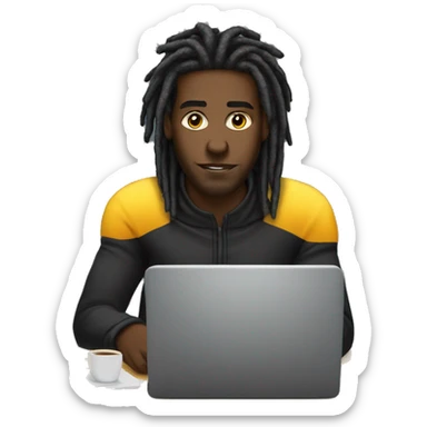 Black-guy-with-dreads-wearing-black-trackstuit-sitting-down-on-chair facing-foward-focused-on-laptop-computer- sticker