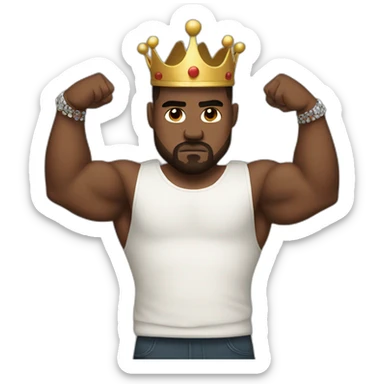 Kanye West flexing his big muscles with a crown sticker