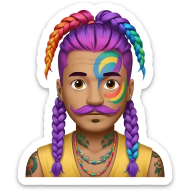 big lose braids starting from the top sides of the head hair like a unicorn man with mustache face wiith big visible loose only two braids and lots and lots of colored face tattoos colored tattoos like a tattoo artist hair unique color sticker