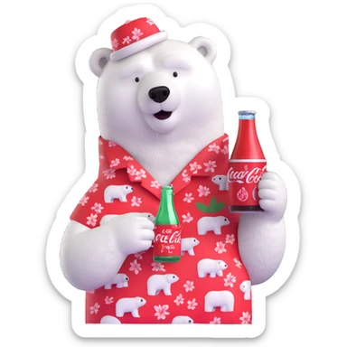 polar bear in a Hawaiian shirt decorated with Coke bottles, holding and drinking a Coca-Cola sticker