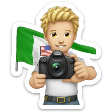 White kid holding camera and Indian flag sticker