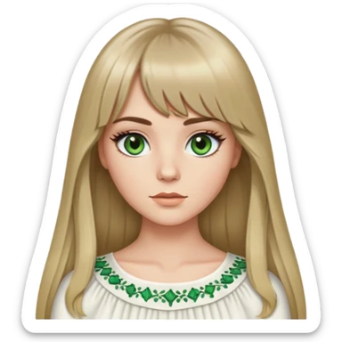 White girl with long darkblonde hair, curtain bangs, A middle part and green almond eyes, long black lashes and a white top sticker